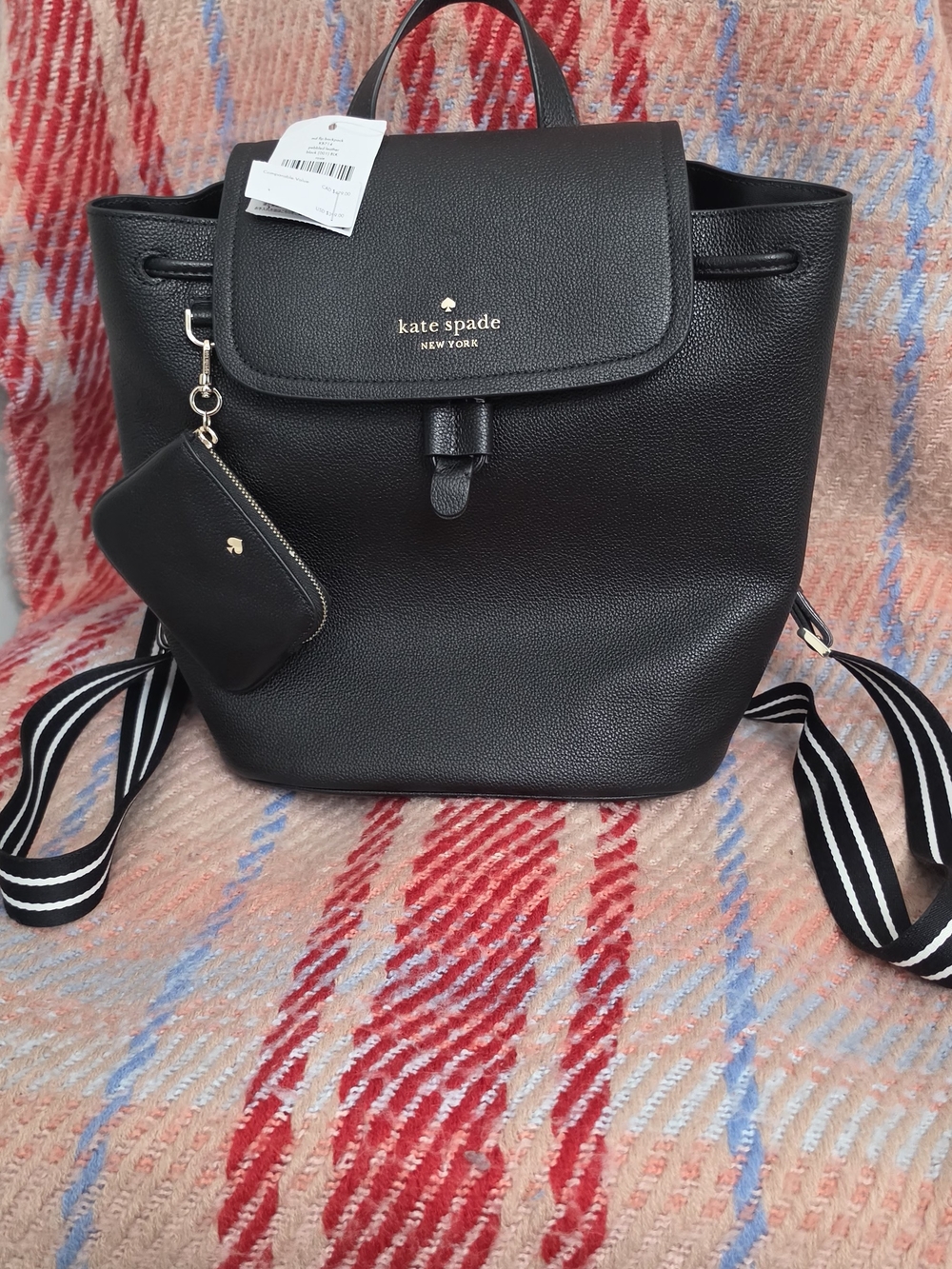 kate spade Black Pebbled Leather Drawstring Backpack with Coin Pouch